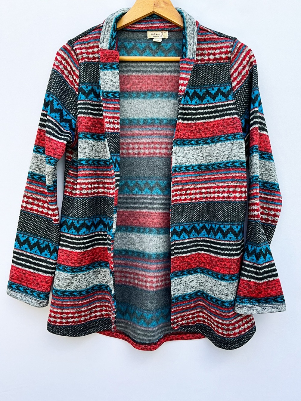 One World Aztec Geometric Open Front Cardigan Sweater Red Blue Size M NWOT